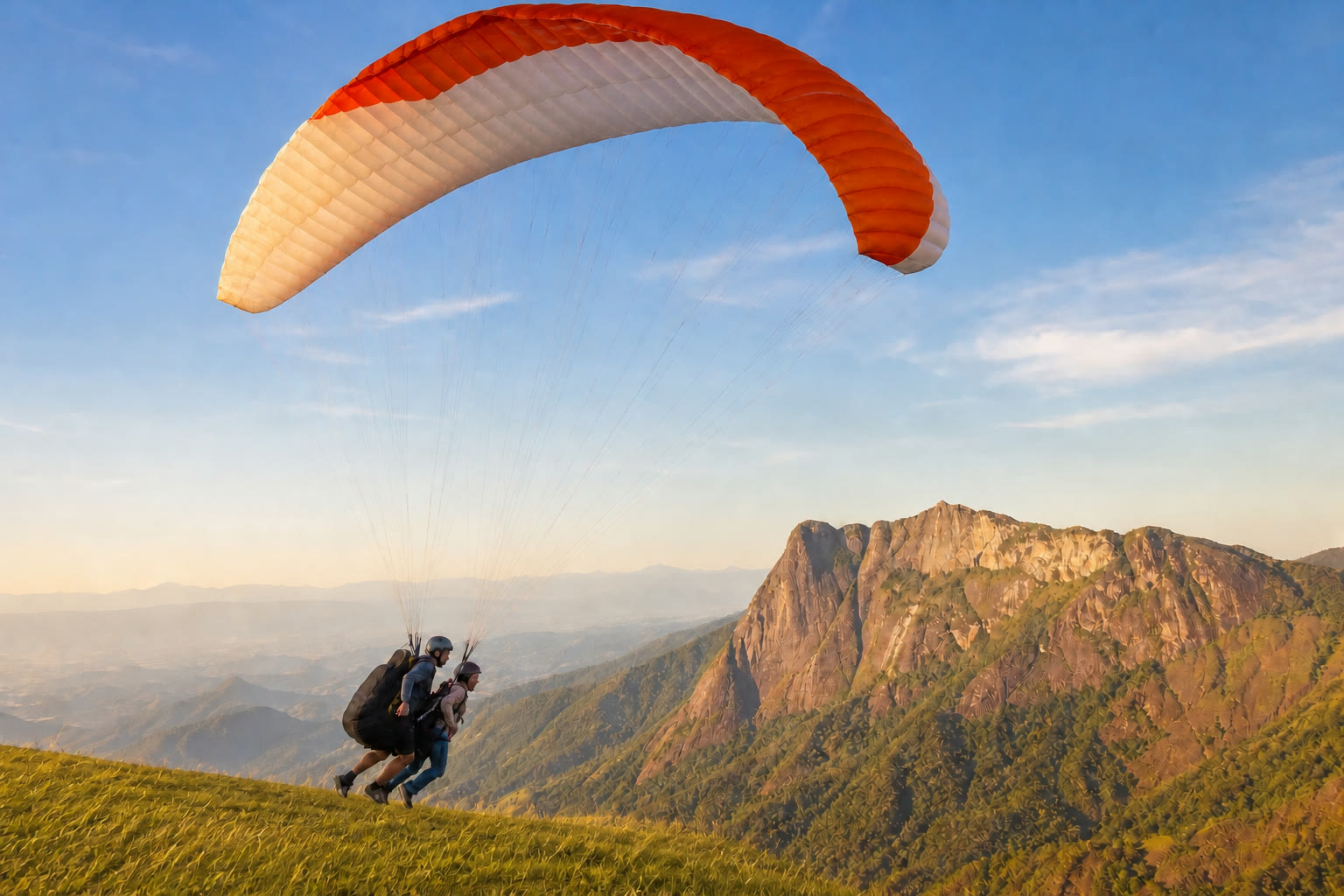 Parapente decolando da rampa no alto da serra